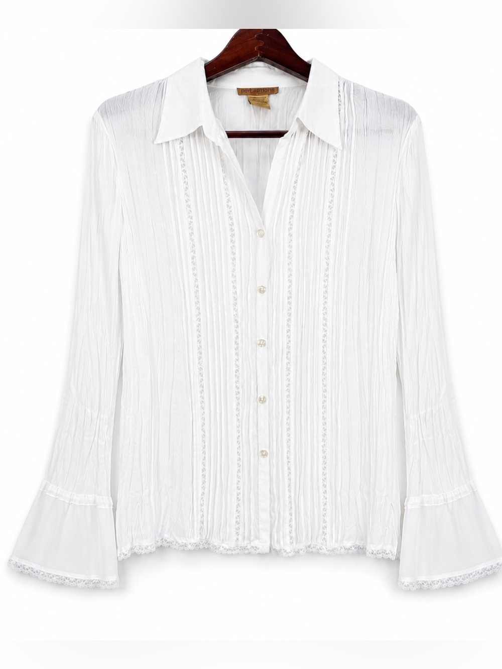 Vintage Y2K Notations White Crinkle Lace Sheer Bell Sleeve Blouse XL